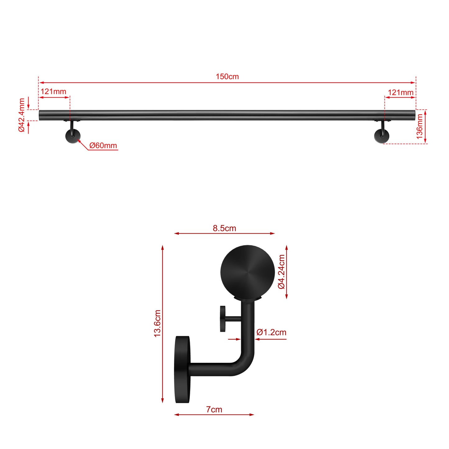Corrimano Inox 304 nero opaco 80-100-120-150-180-200-220-240 cm per Scale Interne ed Esterne 150cm Black