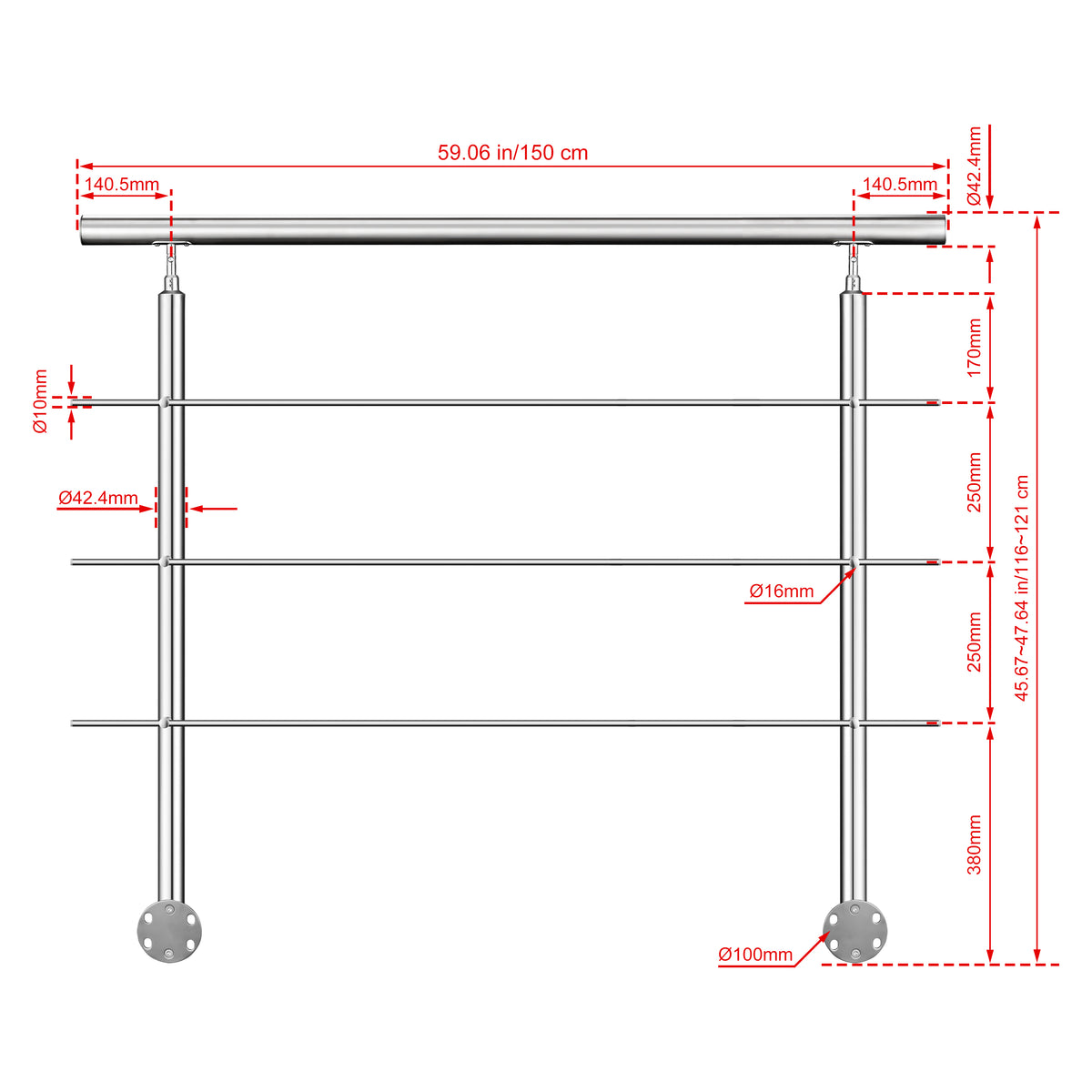 Kit ringhiera in acciaio inox 304 con montaggio laterale, lunghezze 100–240 cm, 3 traverse, espandibile con giunzioni 150 cm