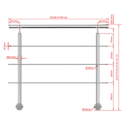Kit ringhiera in acciaio inox 304 con montaggio laterale, lunghezze 100–240 cm, 3 traverse, espandibile con giunzioni 150 cm