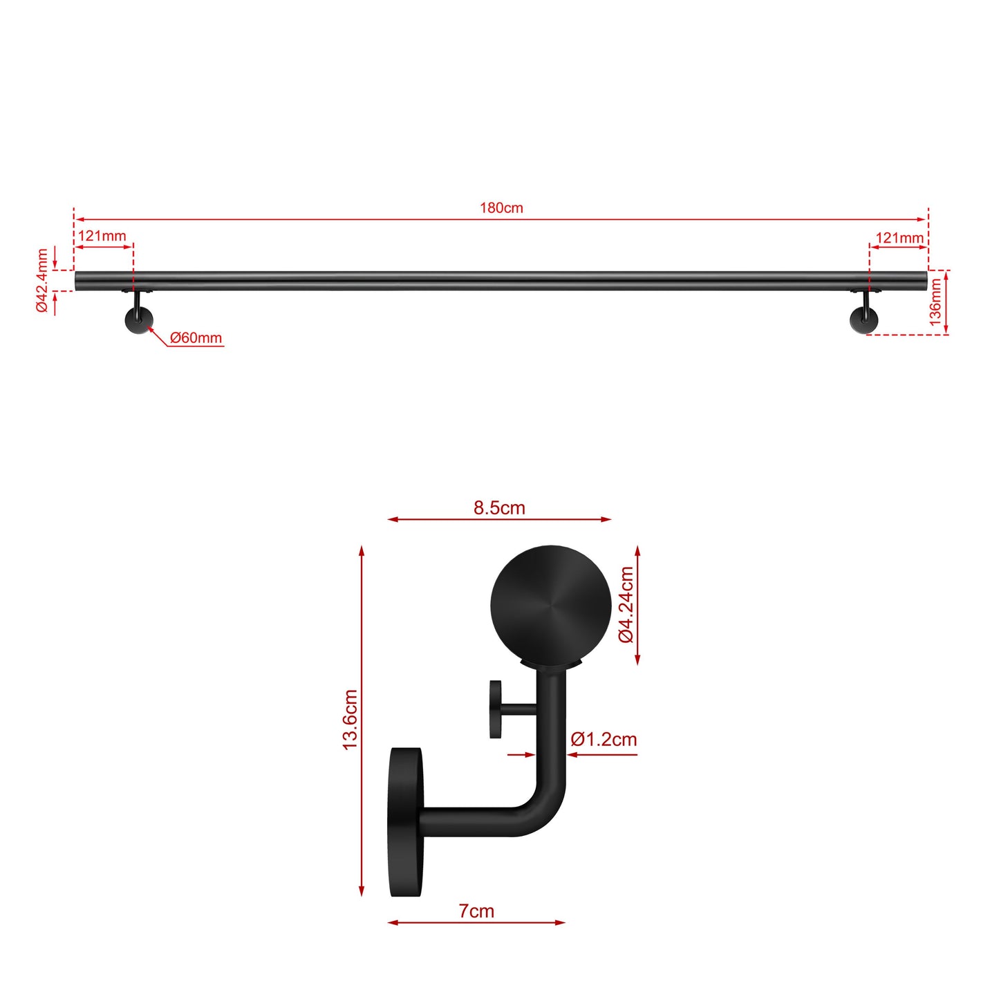 Corrimano Inox 304 nero opaco 80-100-120-150-180-200-220-240 cm per Scale Interne ed Esterne 180cm Black