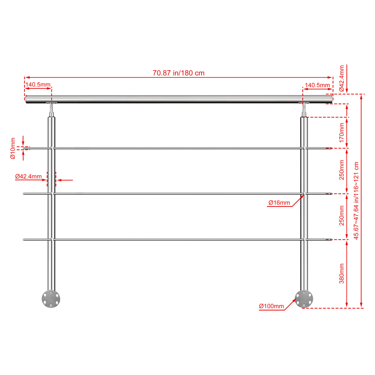 Kit ringhiera in acciaio inox 304 con montaggio laterale, lunghezze 100–240 cm, 3 traverse, espandibile con giunzioni 180 cm