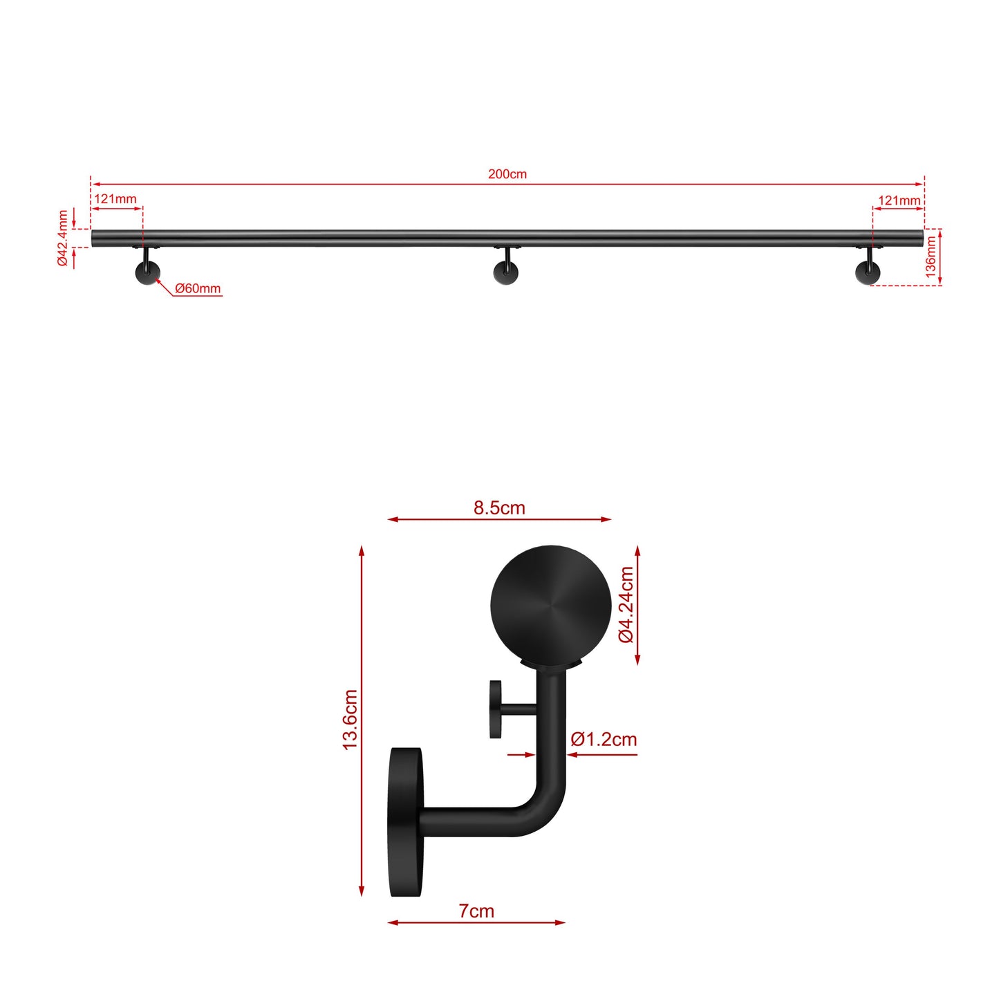 Corrimano Inox 304 nero opaco 80-100-120-150-180-200-220-240 cm per Scale Interne ed Esterne 200cm Black