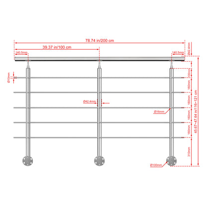 Kit ringhiera in acciaio inox 304 con montaggio laterale, lunghezze 100–240 cm, 5 traverse, espandibile con giunzioni