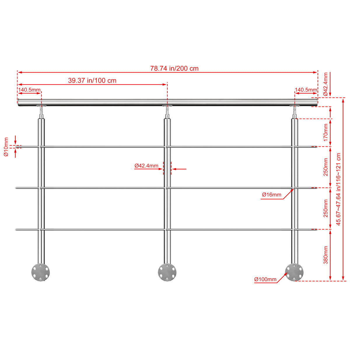 Kit ringhiera in acciaio inox 304 con montaggio laterale, lunghezze 100–240 cm, 3 traverse, espandibile con giunzioni 200 cm