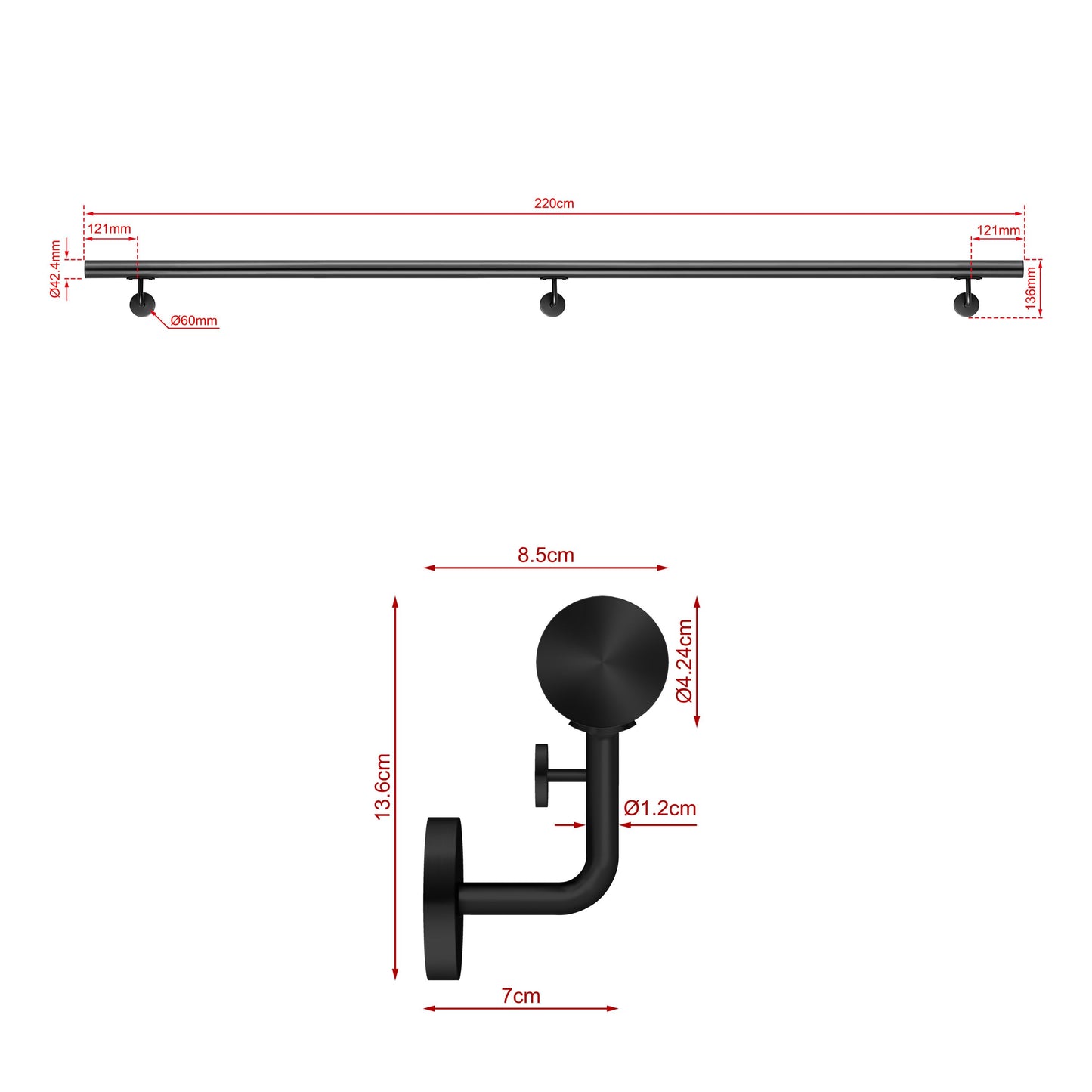 Corrimano Inox 304 nero opaco 80-100-120-150-180-200-220-240 cm per Scale Interne ed Esterne 220cm Black