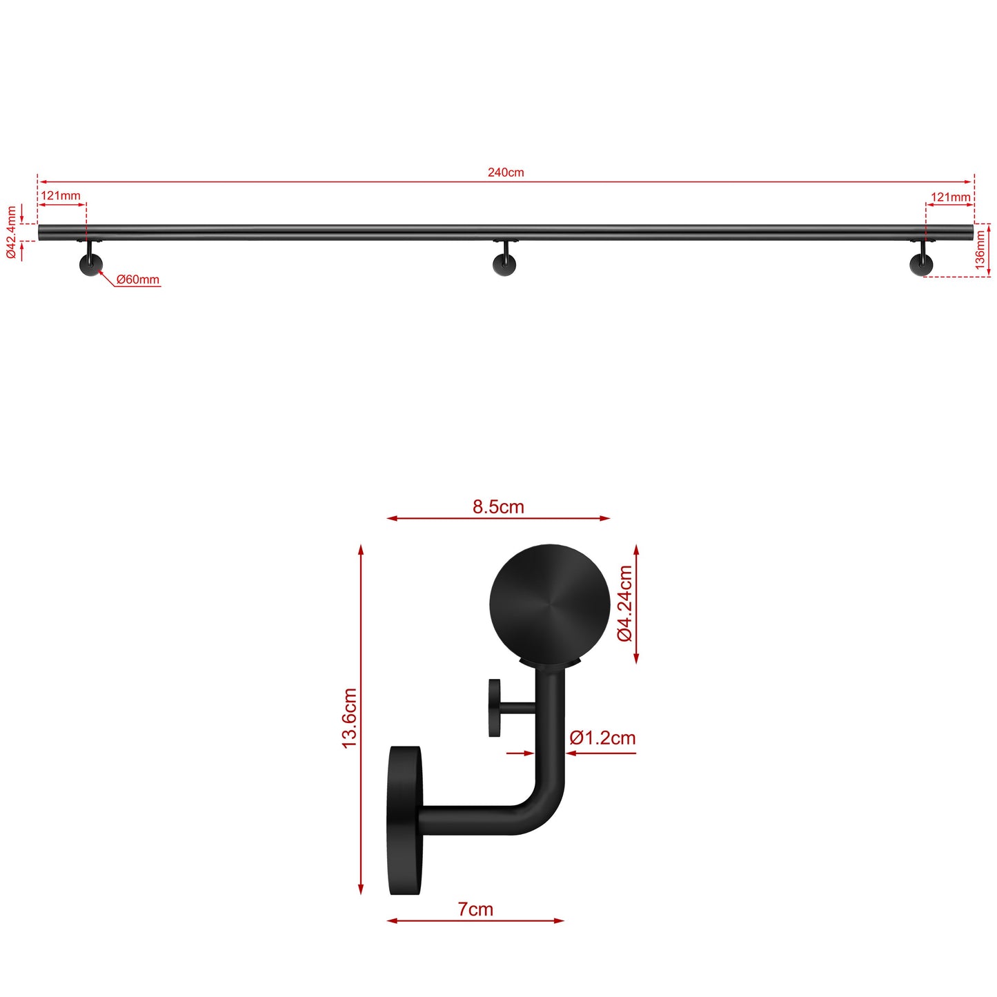 Corrimano Inox 304 nero opaco 80-100-120-150-180-200-220-240 cm per Scale Interne ed Esterne 240cm Black