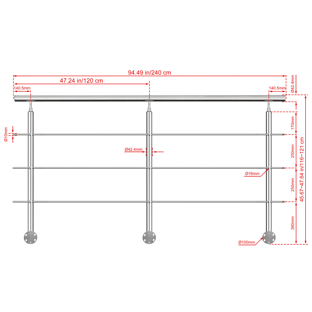 Kit ringhiera in acciaio inox 304 con montaggio laterale, lunghezze 100–240 cm, 3 traverse, espandibile con giunzioni 240 cm