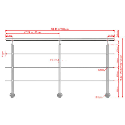 Kit ringhiera in acciaio inox 304 con montaggio laterale, lunghezze 100–240 cm, 3 traverse, espandibile con giunzioni 240 cm