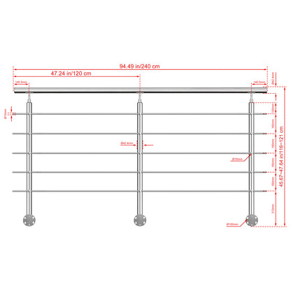 Kit ringhiera in acciaio inox 304 con montaggio laterale, lunghezze 100–240 cm, 5 traverse, espandibile con giunzioni