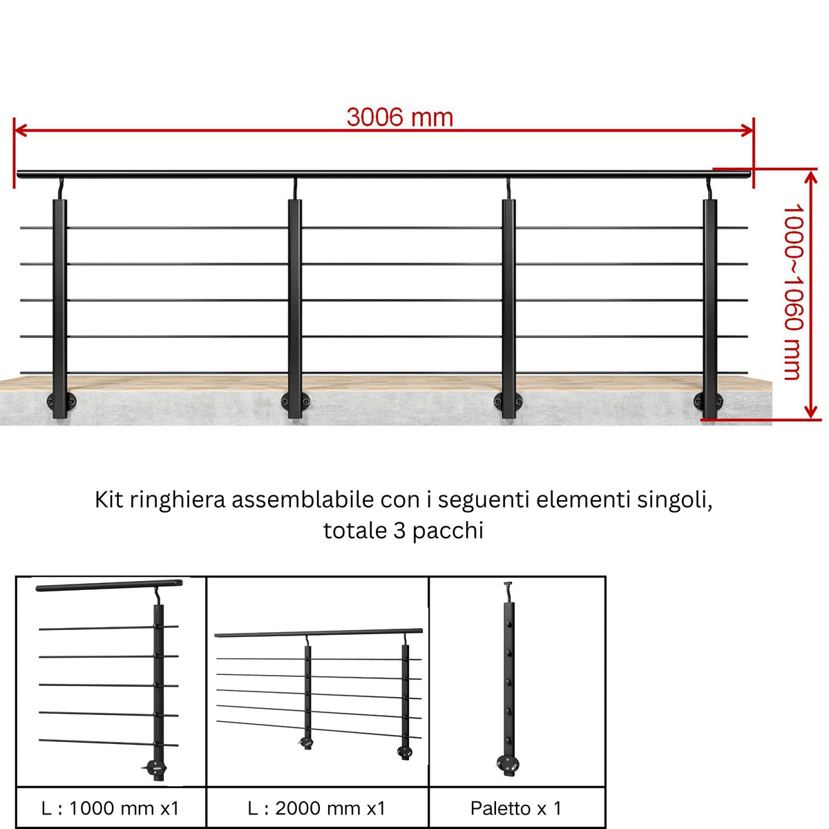 Ringhiera Balaustra in Alluminio Argento Opaco o Nero Opaco L. 100/150/200 cm a Montaggio a Parete, con Supporto di Collegamento a Parete Nero 100cm#Nero