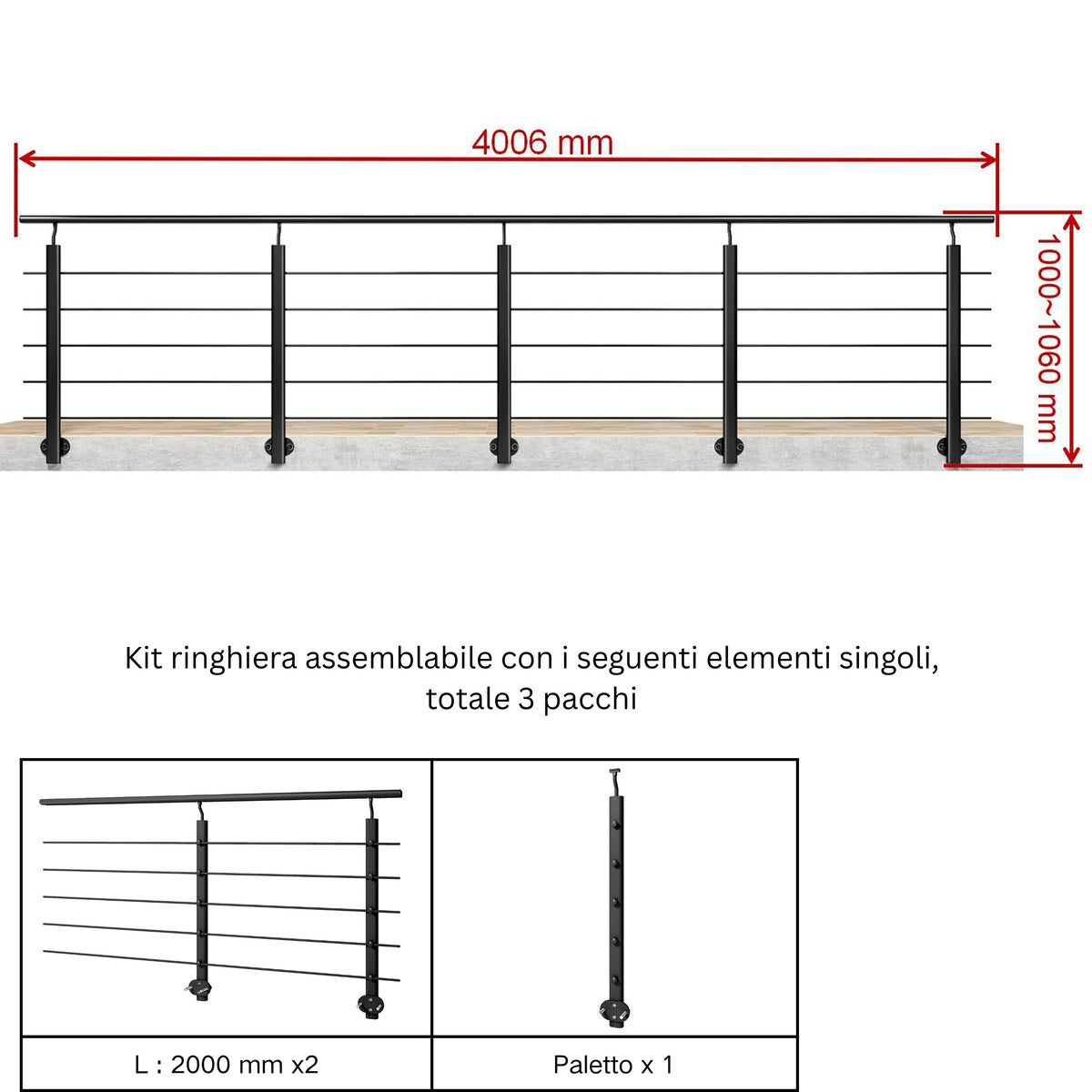 Ringhiera Balaustra in Alluminio Argento Opaco o Nero Opaco L. 100/150/200 cm a Montaggio a Parete, con Supporto di Collegamento a Parete Nero 100cm#Nero