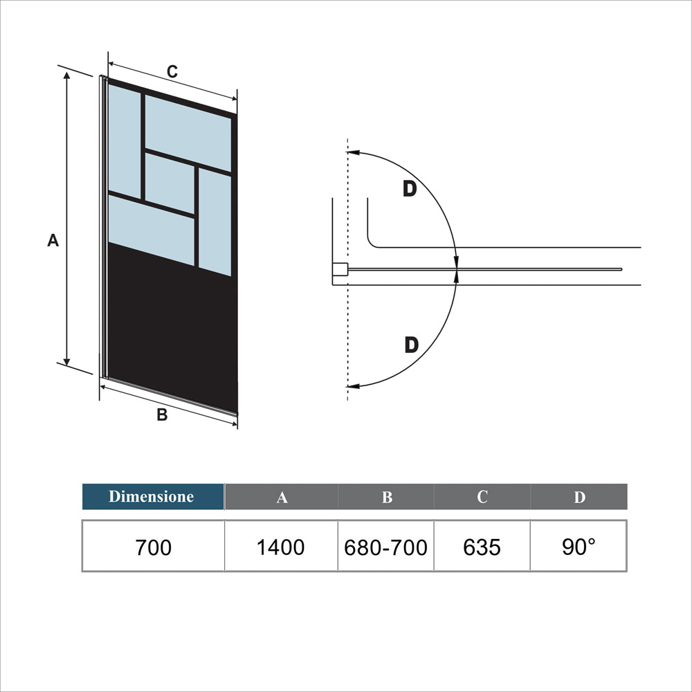 Parete Vasca Doccia 70xh.140cm Sopravasca Pannello Girevole in Vetro Temperato 4mm Semitrasparente Riquadri Neri Serigrafato