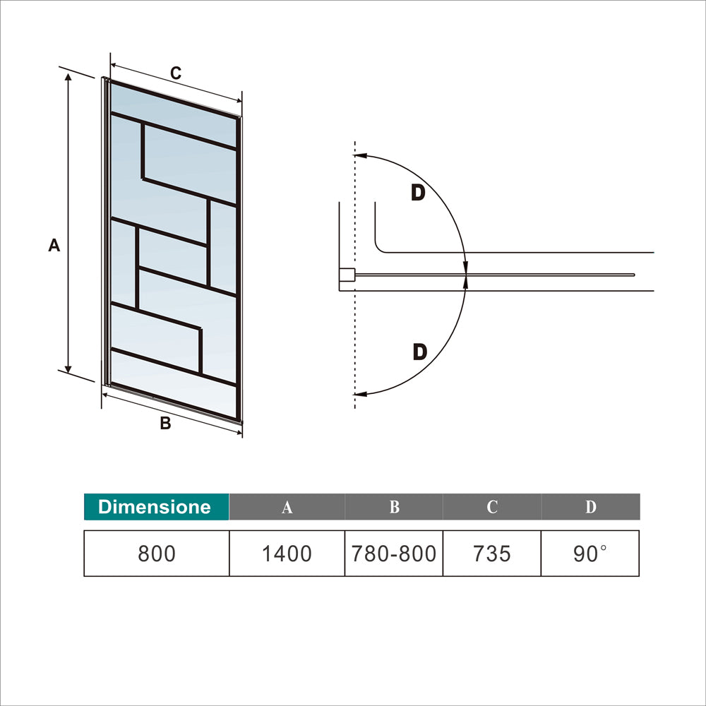 80x140cm Parete Vasca Doccia Sopravasca Singolo Pannello Girevole in Vetro Temperato 6mm Trasparente con Riquadri Neri