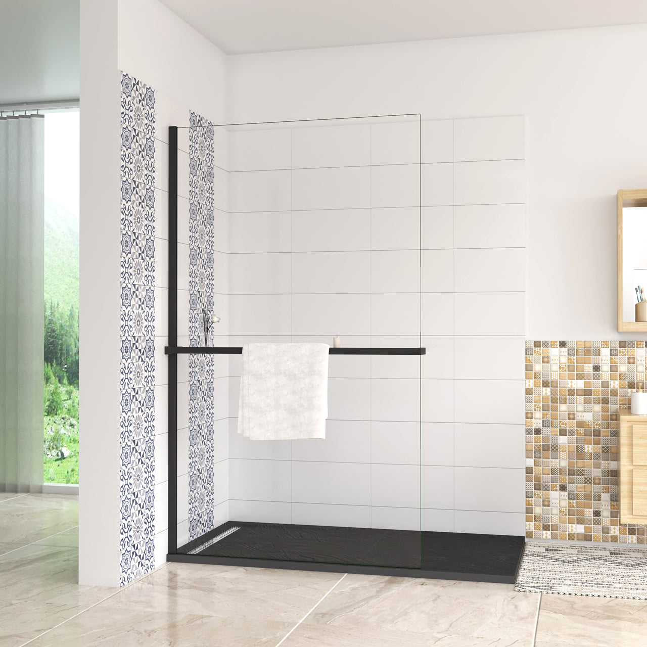 Mensola Doccia per Parete Doccia Walk in 80/90/100/120 cm Alluminio Cromo Lucido/Nero Opaco Porta-asciugamani Adattabile Vetro da 8 mm - Consegna gratuita