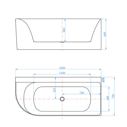 Vasca da Bagno a Isola in Acrilico 165x75x60 cm /180x80x60 cm Semi-Freestanding Colore Bianco Angolo a Parete verso Sinistro/Destro
