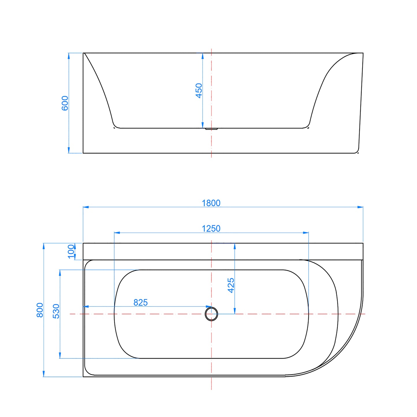 Vasca da Bagno a Isola in Acrilico 165x75x60 cm /180x80x60 cm Semi-Freestanding Colore Bianco Angolo a Parete verso Sinistro/Destro