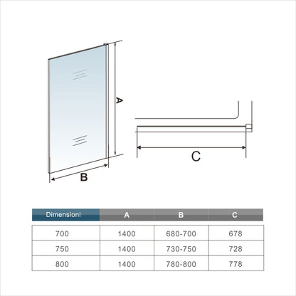 140cm Sopravasca WALK IN Parete Fissa Doccia Per Vasca Pannello Singolo Vetro Temperato 6mm Trasparente Anticalcare Cromato Lucido