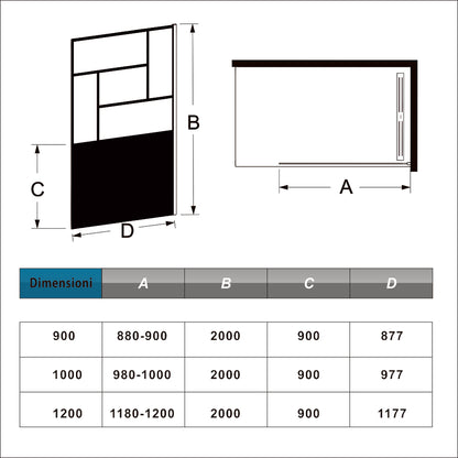 Doccia Walk In Parete Fissa Vetro Temperato 8mm Anticalcare 90-120 x200cm Semitrasparente Riquadri Nero Serigrafato Barra stabilizzatrice da 70-120cm circolare