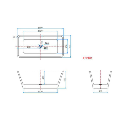 Vasca da Bagno a Isola Freestanding in Acrilico da 170x80x58 cm/150x72x56 cm, Colore Bianco, Forma Rettangolare