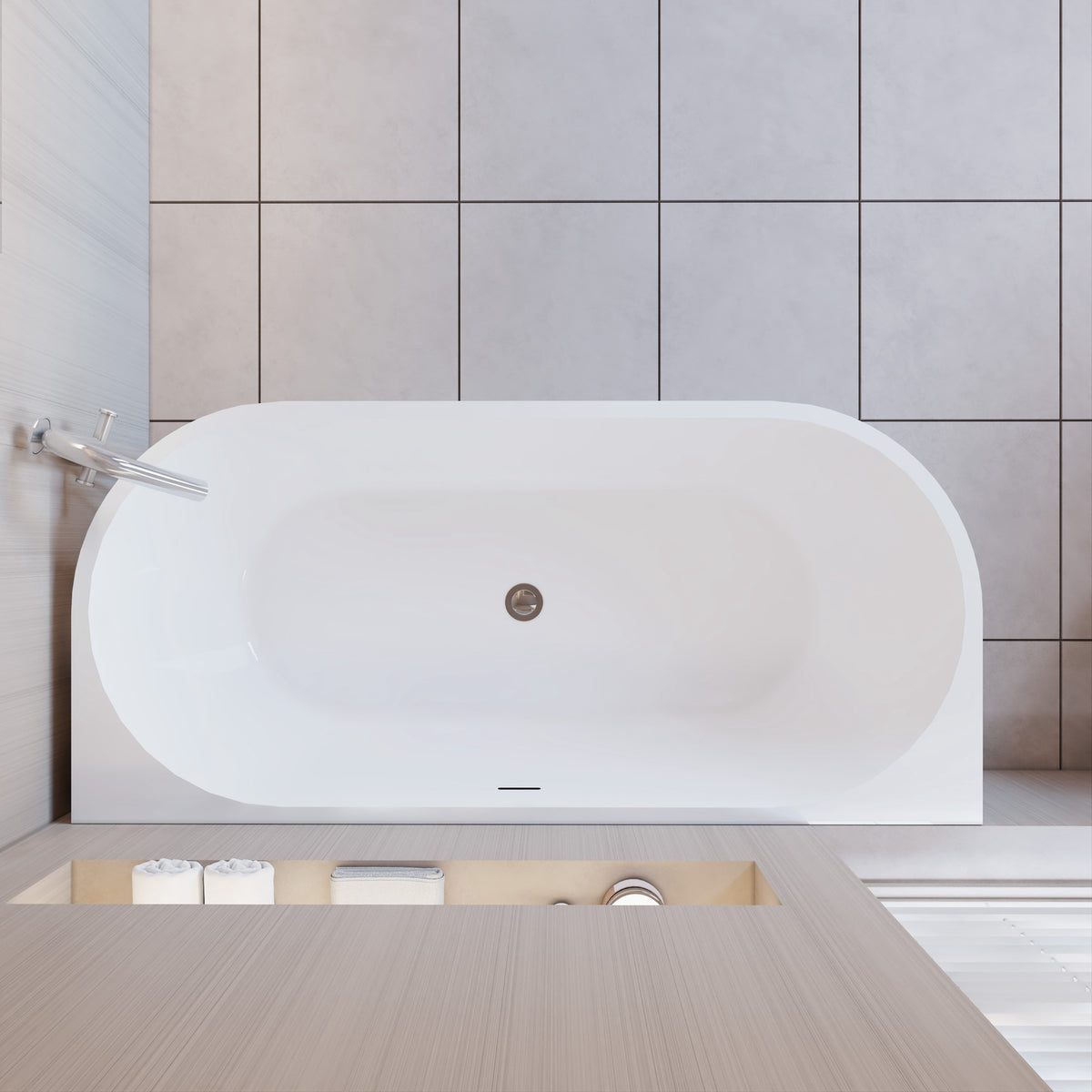 Vasca a Isola o da Parete 150x75x58 cm/170x80x60cm Vasca da Bagno Semi-Freestanding in Acrilico Bianco Ovale
