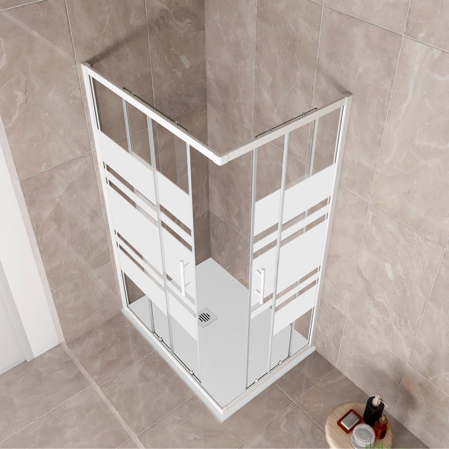 185 cm Box Doccia Angolare 70-80-90-100x70-80-90-100 cm Porte Scorrevoli Vetro Temperato 5 mm Anticalcare Fascie in Serigrafato Telaio Bianco Opaco