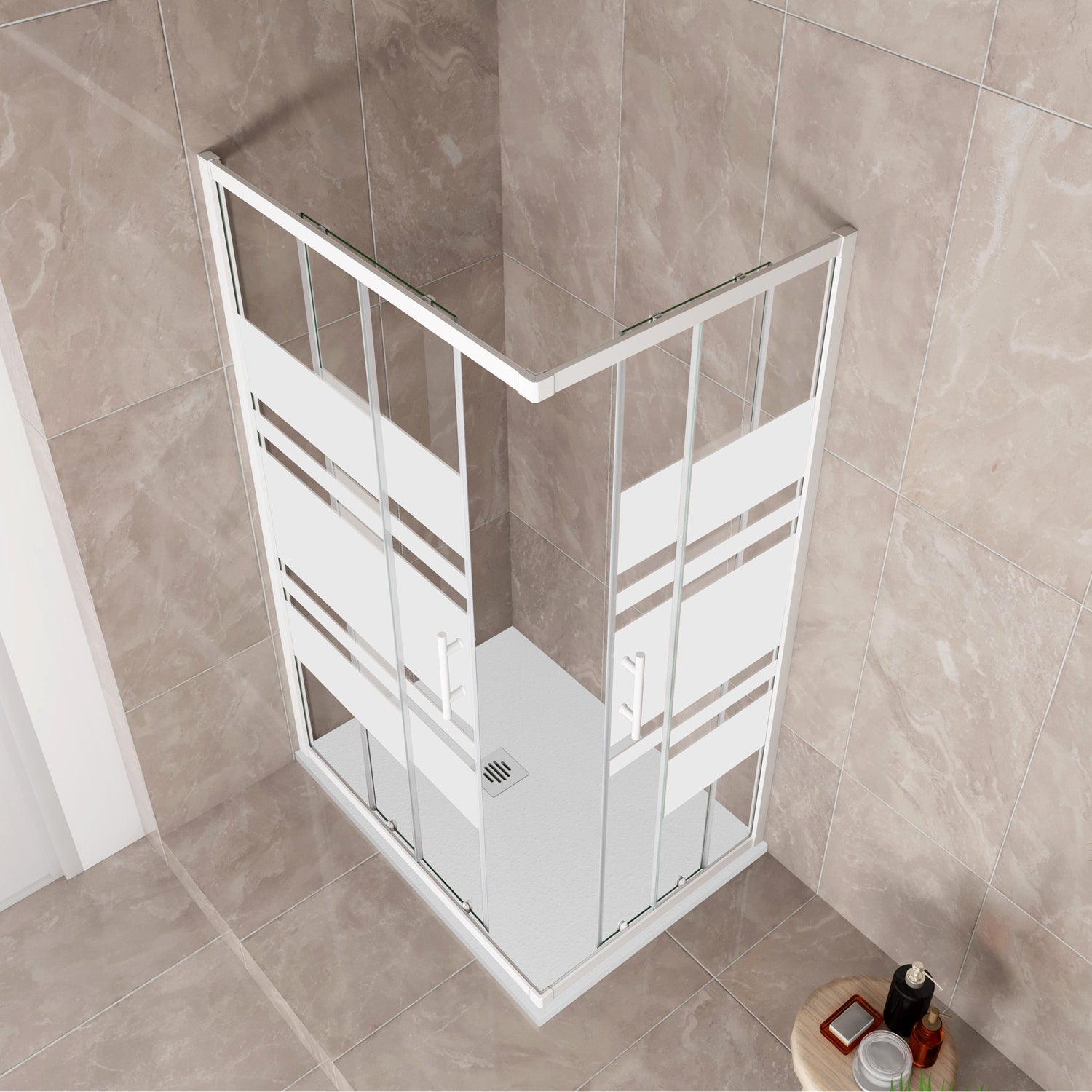 185 cm Box Doccia Angolare 70-80-90-100x70-80-90-100 cm Porte Scorrevoli Vetro Temperato 5 mm Anticalcare Fascie in Serigrafato Telaio Bianco Opaco