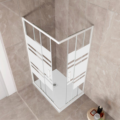 185 cm Box Doccia Angolare 70-80-90-100x70-80-90-100 cm Porte Scorrevoli Vetro Temperato 5 mm Anticalcare Fascie in Serigrafato Telaio Bianco Opaco