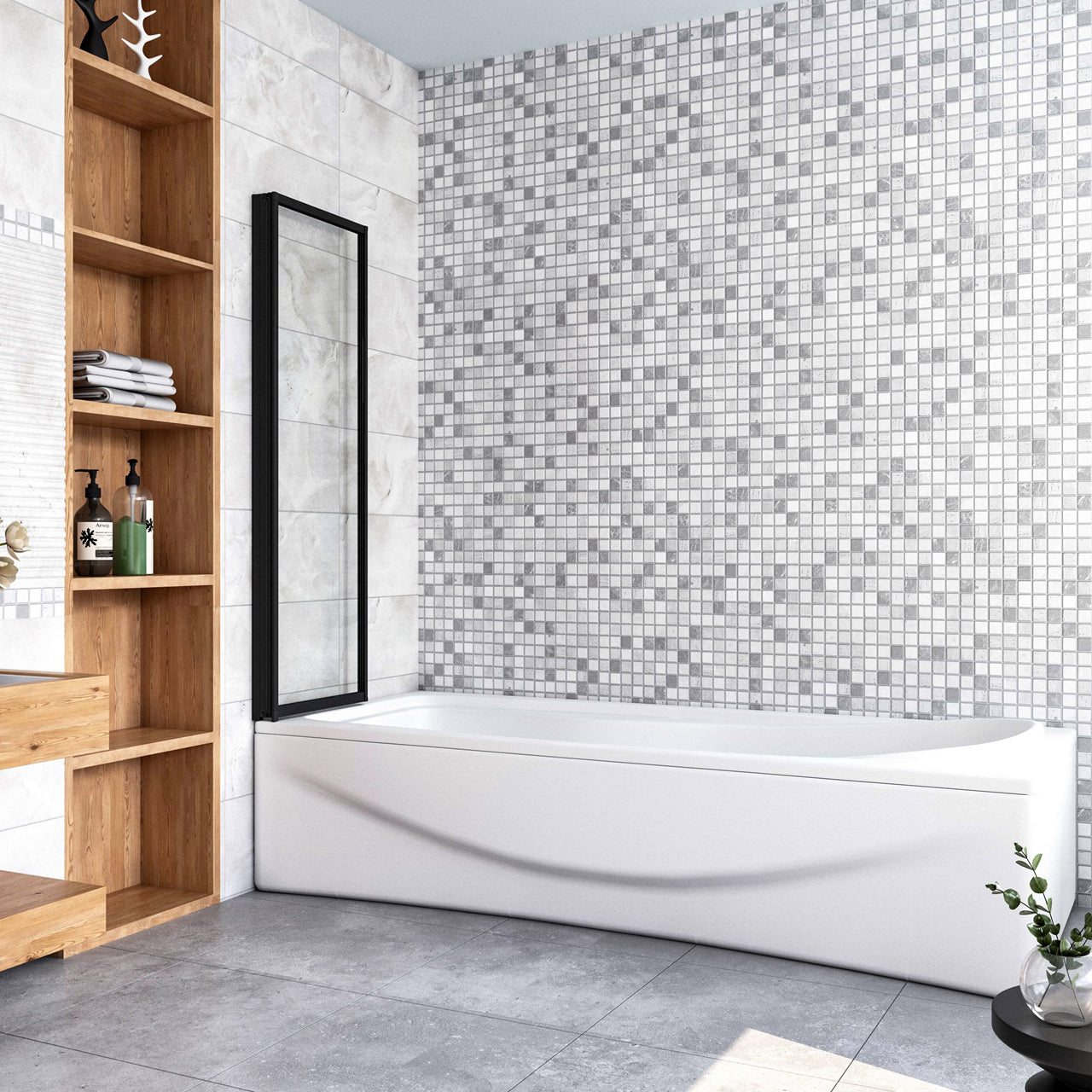 Sopravasca 90x140 cm Parete Doccia per Vasca 2 Antine Pieghevoli a Libro Vetro Temperato Trasparente Da 4 mm Profilo Nero Opaco