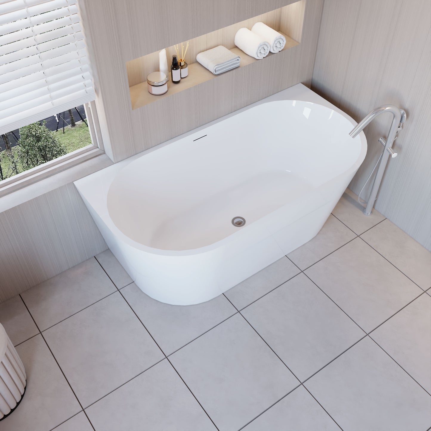 Vasca a Isola o da Parete 150x75x58 cm/170x80x60cm Vasca da Bagno Semi-Freestanding in Acrilico Bianco Ovale