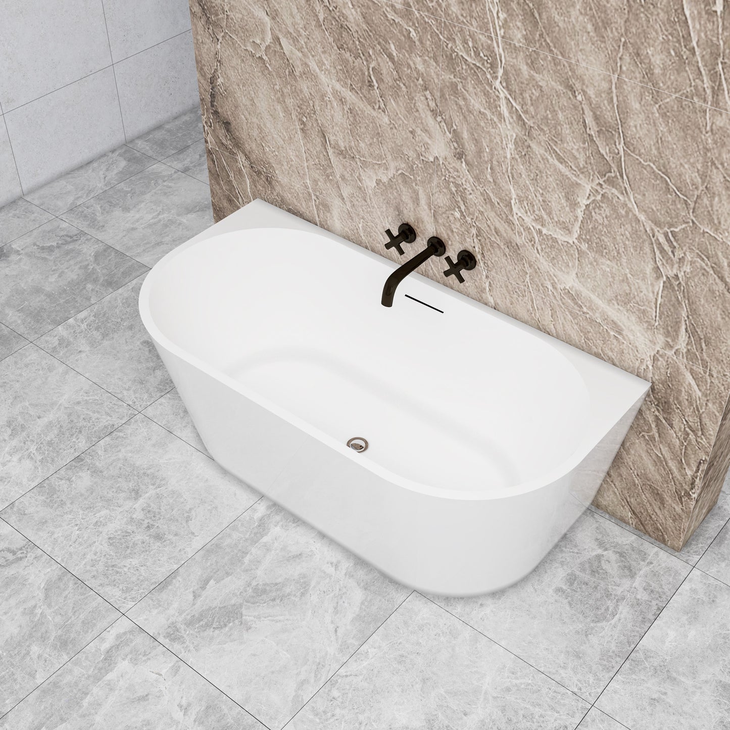 Vasca da bagno semi-freestanding ovale in acrilico bianco, dimensione 150x75x58 cm /170x80x60 cm , posizionabile a isola o a parete.