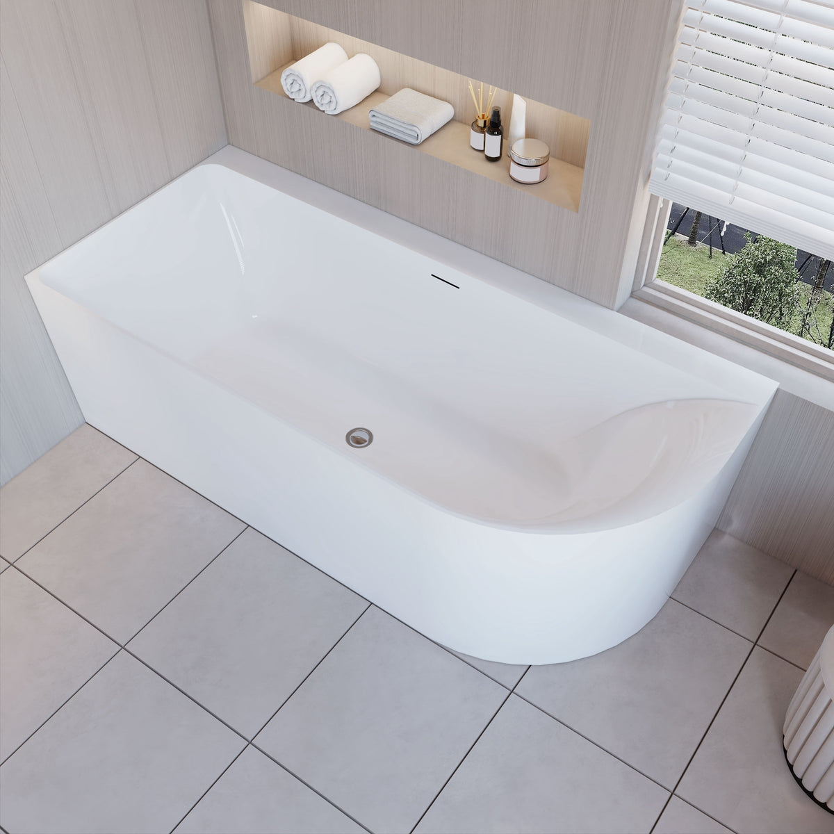 Vasca da Bagno a Isola in Acrilico 165x75x60 cm /180x80x60 cm Semi-Freestanding Colore Bianco Angolo a Parete verso Sinistro/Destro