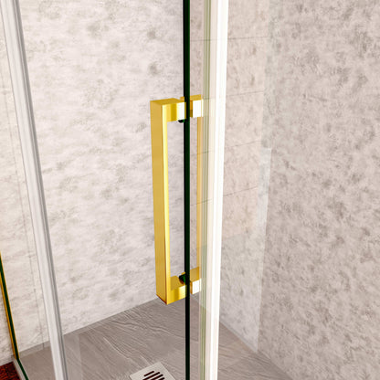 Box Doccia Angolare H.195 cm Porta Scorrevole con Parete Fissa Vetro 8 mm Temperato Anticalcare Trasparente Telaio Cromo Dorato