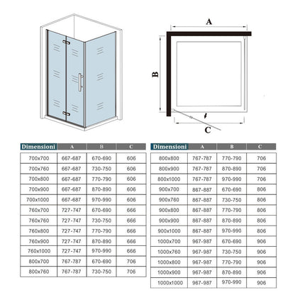 190cm Box Doccia Angolare Porta Battente Pieghevole con Parete Fissa in Vetro Temperato 5mm Anticalcare Barra Stabilizzatrice da 45cm Nera Opaca