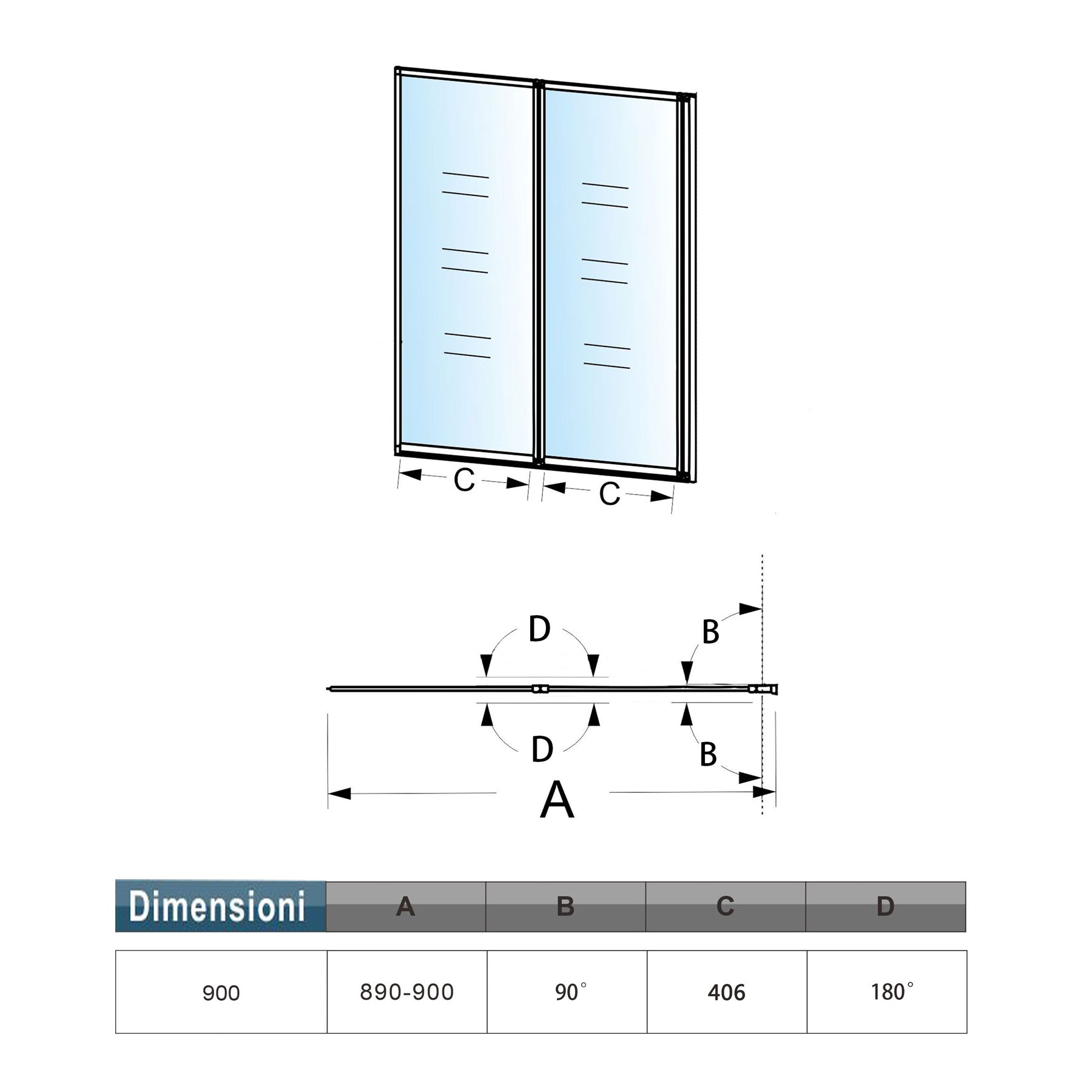 Sopravasca 90x140 cm Parete Doccia per Vasca 2 Antine Pieghevoli a Libro Vetro Temperato Trasparente Da 4 mm Profilo Nero Opaco