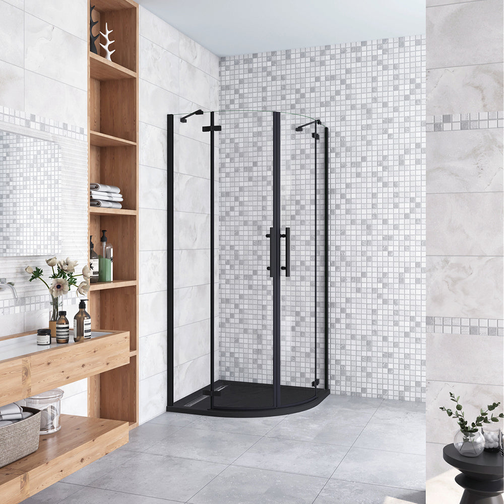 195cm Box Doccia Semicircolare Doppia Porta Battente Vetro 6mm Temperato Trasparente Easyclean, Barra Stabilizzatrice e Telai in Nero Opaco