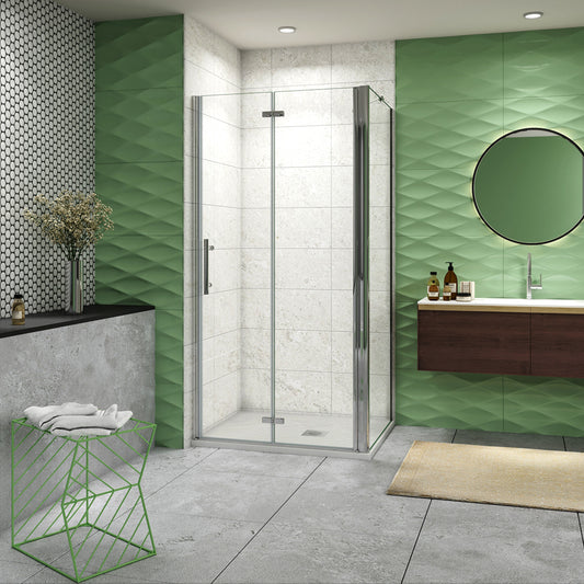 195cm Box Doccia Angolare Porta Battente Pieghevole Parete Fissa Vetro da 6mm Temperato Anticalcare Barra Stabilizzatrice 45cm Cromo Lucido