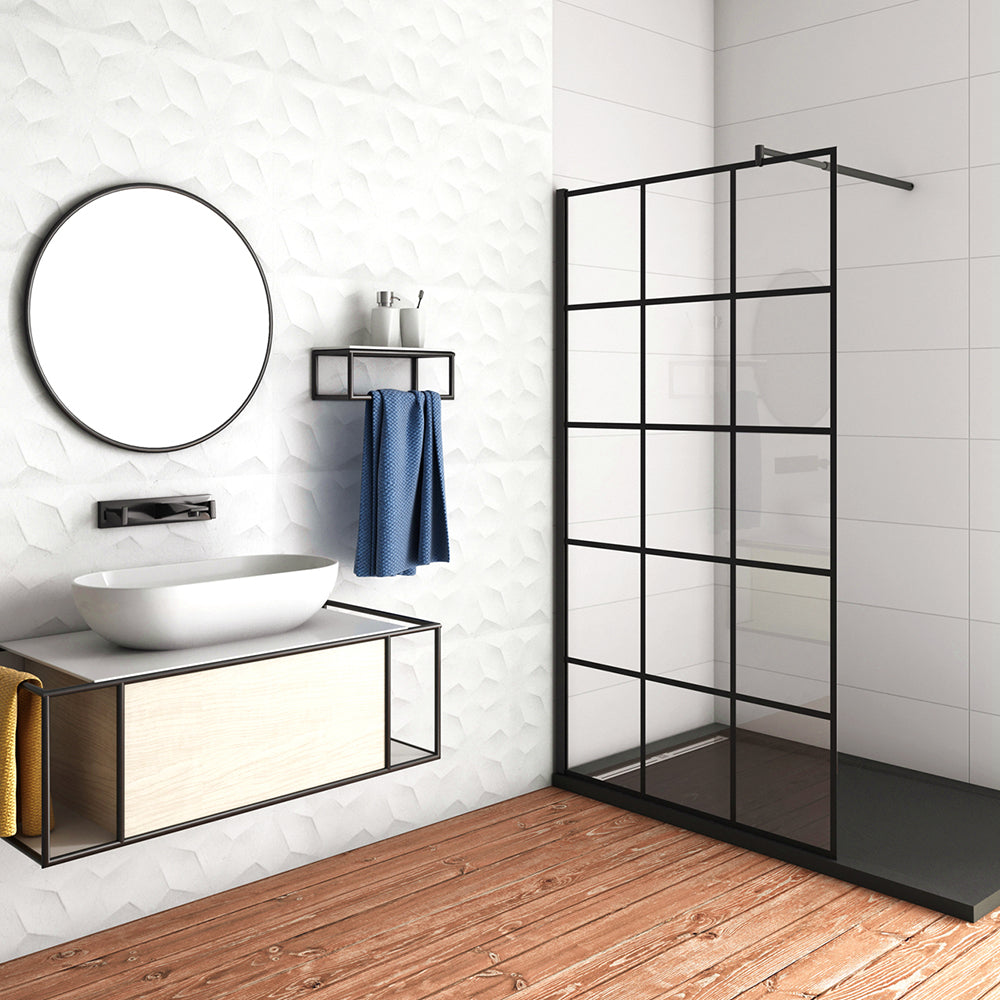 Aica 200 cm Doccia Walk In Parete Fissa in Vetro Temperato 8 mm Anticalcare Serigrafato Nero con Riquadri Barra Stabilizzatrice Telaio Nero Opaco