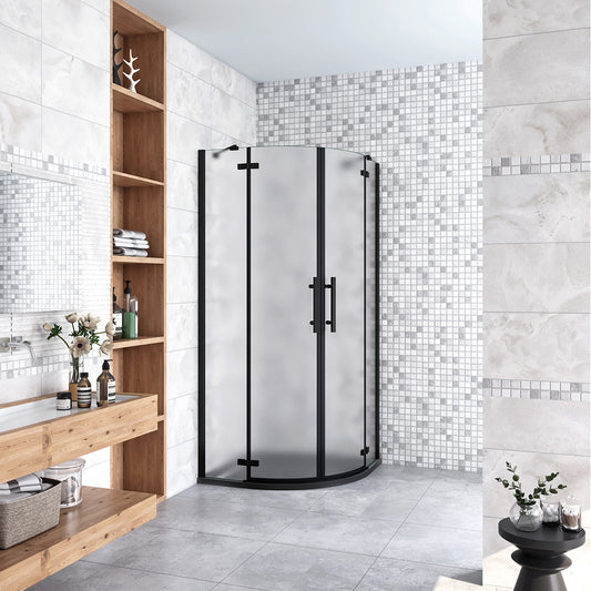 195cm Box Doccia Semicircolare Apertura Battente Vetro 6mm Temperato Satinato Anticalcare con 2 Barre Stabilizzatrici Telai in Nero Opaco