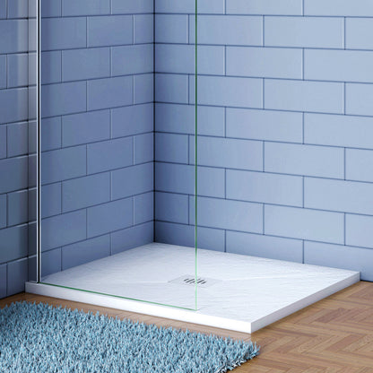 Piatto Doccia Bianco in Marmo Resina Mista Effetto Ardesia Ruvido Piletta e Tubo inclusi Spessore di 3cm Ultraslim 80x80x3