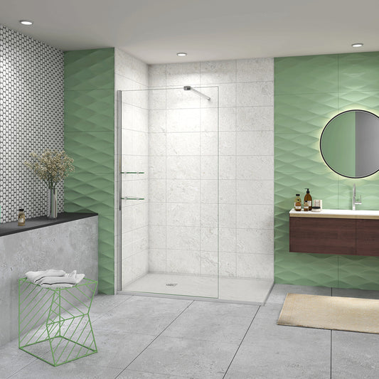 Doccia Walk In Parete Fissa in Vetro Temperato Anti-frantumi Anticalcare da 8mm Striscia Opaca Centrale con Barra Stabilizzatrice E. Braccio 90cm Snodabile