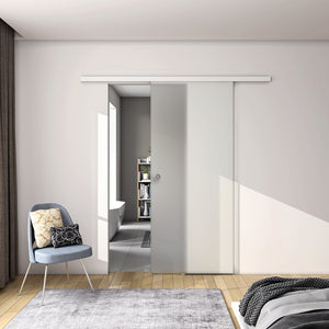 Porta Scorrevole in Vetro da 8mm Temperato Opaco con Pellicola Anti-frantumi con Binario in Alluminio Bianco Verniciato Altezza 225cm