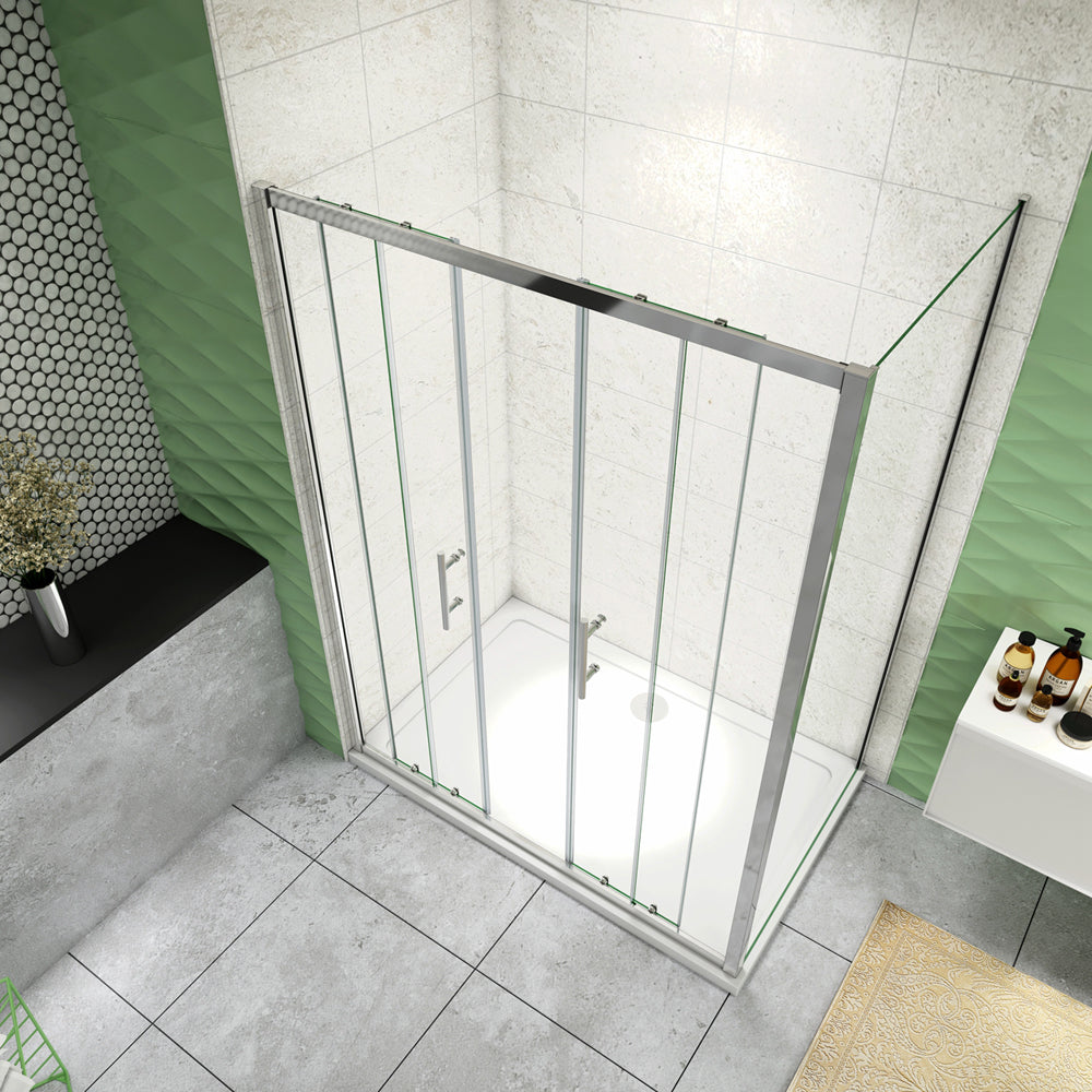 185 cm Box Doccia Angolare Porta Scorrevole con Parete Fissa Vetro 5mm Ingresso Centrale Temperato Trasparente Profilo Cromato Lucido