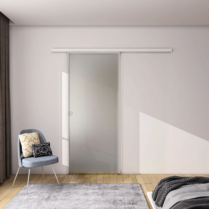 Porta Scorrevole in Vetro da 8mm Temperato Opaco con Pellicola Anti-frantumi con Binario in Alluminio Bianco Verniciato Altezza 225cm