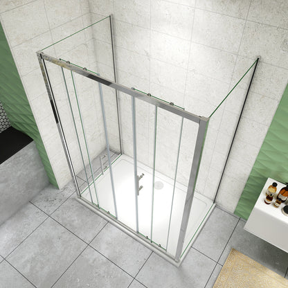 Box Doccia A Tre Lati Alto 185cm Porta Scorrevole 2 Ante Mobili 2 Pareti Laterali Vetro Temperato Trasparente Da 5mm Cromo Lucido