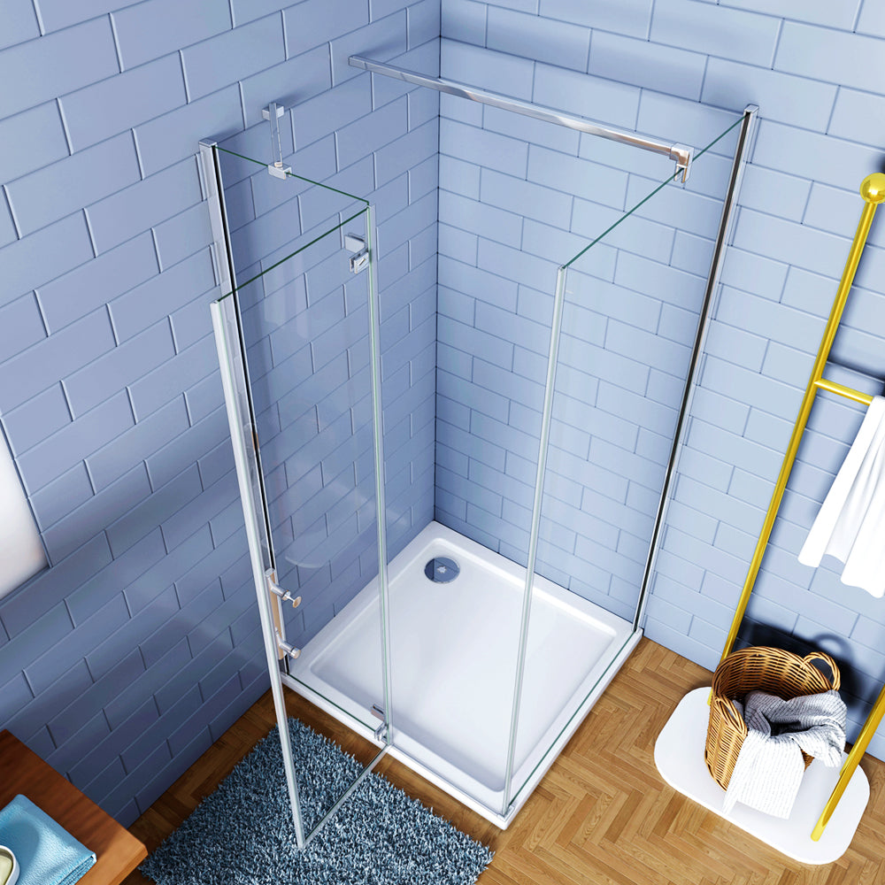 Aica 195 cm Box Doccia Angolare Porta Battente Vetro 6mm Temperato Anticalcare Trasparente con Parete Fissa con 2 Barre Stabilizzatrici Cromo Lucido