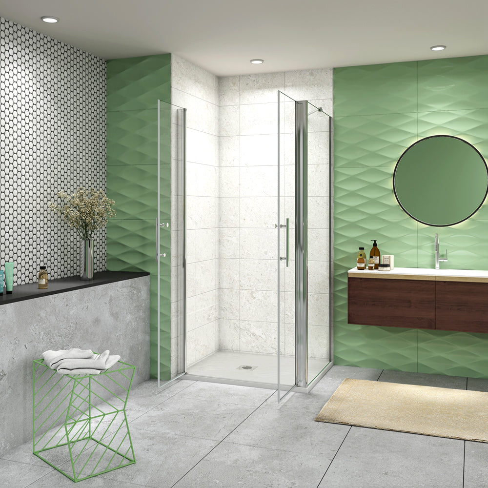 195cm Box Doccia Angolare Porta Battente Saloon Parete Fissa Vetro da 6mm Temperato Anticalcare Barra Stabilizzatrice 45cm Cromo Lucido