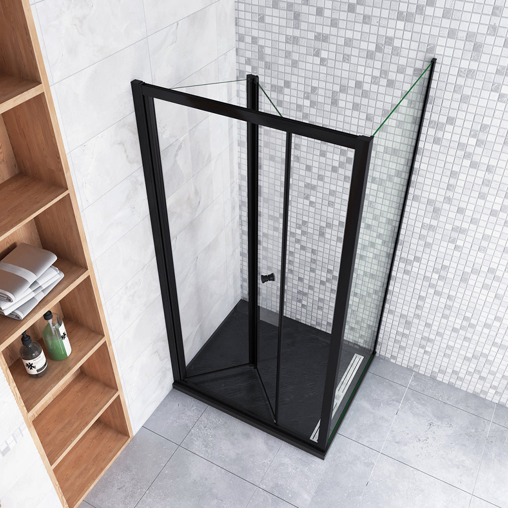 185cm Box Doccia Angolare Porta a Soffietto con Parete Fissa in Vetro Temperato Trasparente 5 mm Profilo Nero Opaco