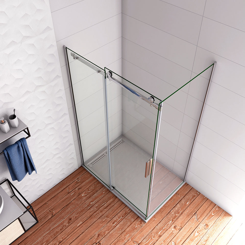 195cm Box Doccia Angolare Porta Scorrevole con Parete Fissa in Vetro da 6mm Temperato Trasparente Cromo Lucido