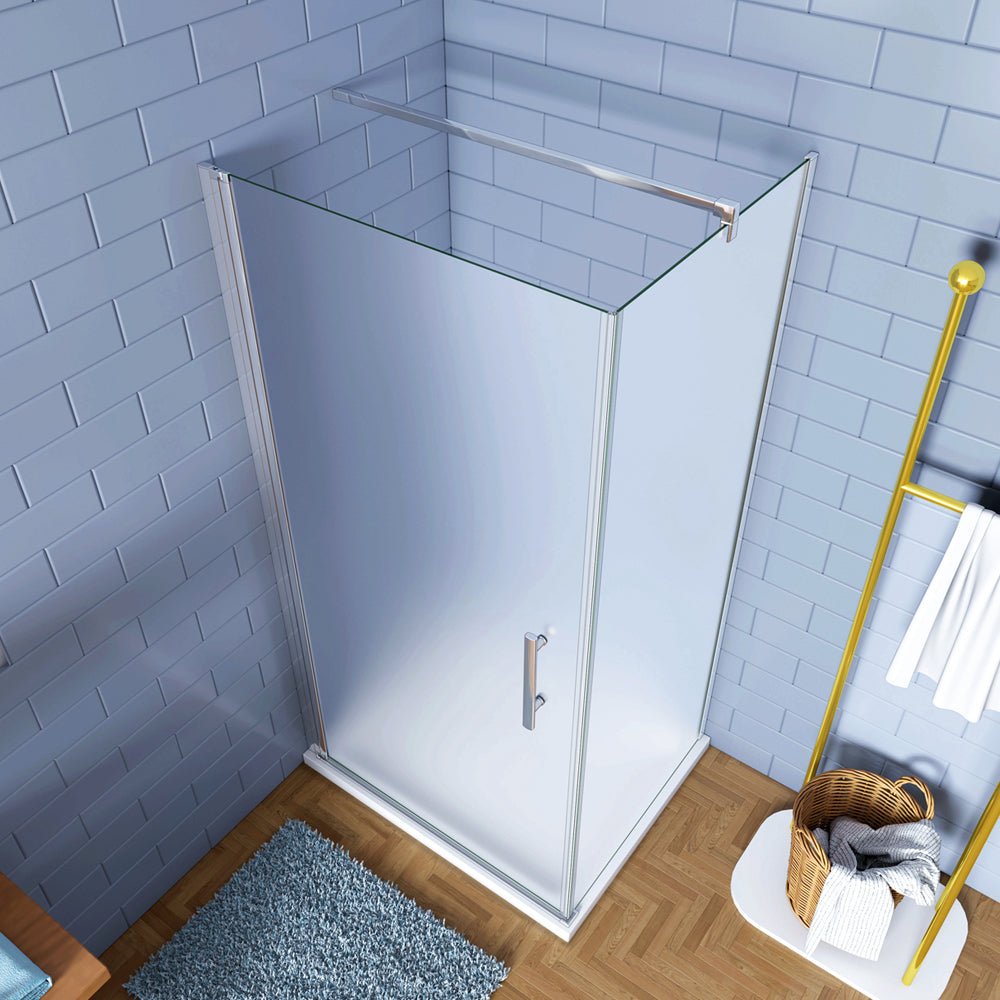 Aica 195cm Box Doccia Angolare Porta Battente con Parete Fissa in Vetro Temperato Satinato Opaco 6mm Anticalcare con Barra Stabilizzatrice 140cm