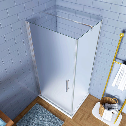 Aica 195cm Box Doccia Angolare Porta Battente con Parete Fissa in Vetro Temperato Satinato Opaco 6mm Anticalcare con Barra Stabilizzatrice 140cm